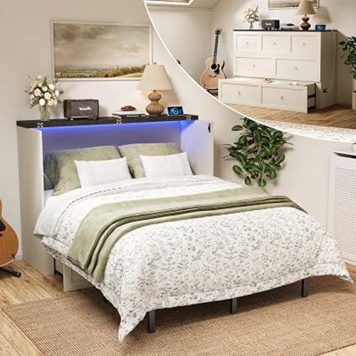 Full Murphy Bed with Hidden Storage, Farmhouse Cabinet Bed with Storage Drawer, RGB LED Lights & Charging Station, Space-Saving Wall Bed with 6 Metal Legs, White