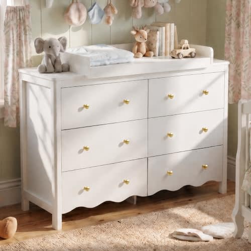 Nursery Dresser with Baby Changing Table White | Wooden Dresser Kids Dresser for Bedroom with 6 Drawer Dresser Baby Dresser Organizer Diaper Station