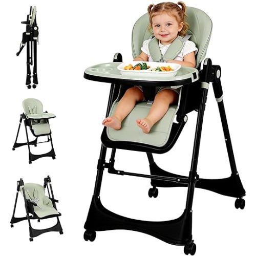 3-in-1 Baby High Chair with Soothing Rocker | Convertible Baby High Chair for Babies and Toddlers | Brake Wheels, Easy Clean, Space Saving | Adjustable, Removable Tray (Black Green)