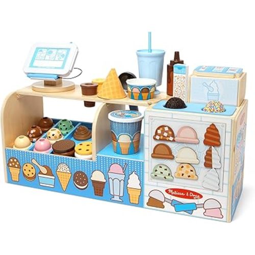 Melissa & Doug Cool Scoops Ice Creamery, Wooden Ice Cream Shop & Counter with Play Food & Play Kitchen Accessories, Preschool Learning Toys for Girls & Boys 3+ - FSC Certified