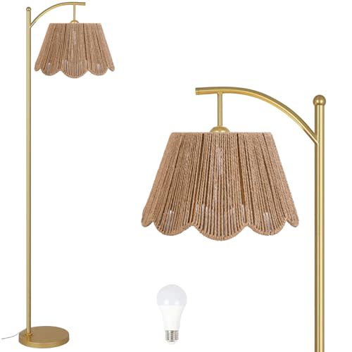 Arc Floor Lamp for Living Room with Remote Control，Rattan Boho Floor Lamp with Hand-Woven Wicker Shade, Foot Switch, Gold/Silvery Metal Base & Pole,Standing Lamp for Bedroom (Gold&Paper Rope)