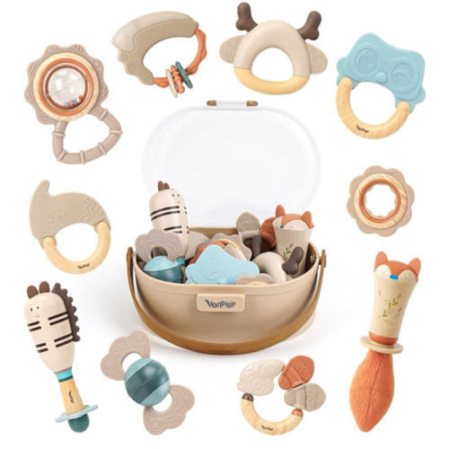 Baby Rattles & Teethers Set – Baby Toys 0-6 Months, Teething Toys 3-6 Months, Sensory Toys with Soft Textures, Gentle Sounds & Easy-Grip Shape, Neutral Newborn Gift（10-Pack）