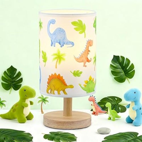 Dinosaur Table Lamp for Kids Bedroom - Cartoon Dinosaur Bedside Lamp with Linen Lampshade Wooden Stand Night Light for Boys Bedroom Living Room Nursery Room Decor Dino Gifts for Boys