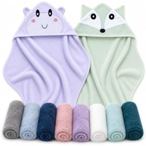 Cute Castle 2 Pack Hooded Baby Towel Rayon Made from Bamboo with 8 Washcloths - Soft Bath Towel for Bathtub for Babie, Newborn, Infant, Natural Baby Stuff Towel (Hippo and Fox)