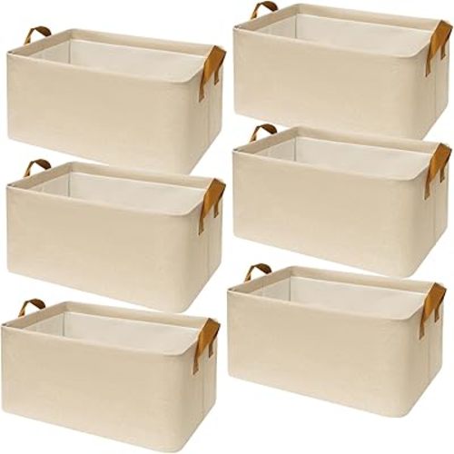 SNWDN 6 Pack Closet Cloth Storage Bins for Shelves, Medium Storage Baskets for Shelves, Fabric Bins for Closet organization with Handles( Beige 15''L x 10.2''W x 7.5''H)