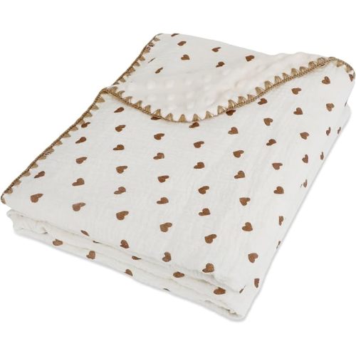 Baby Soft Double Muslin Thick Blanket Dotted Backing Cotton 40X55in Minky Blanket for Crib, Stroller, Travel, Decorative Shower Gifts Baby Essentials Girl&Boy (Heart)