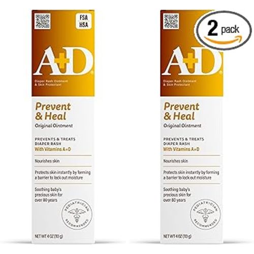 A+D Original Diaper Rash Ointment Prevents & Treats Diaper Rash, Moisturizing Skin Protectant with Vitamins A & D, Healing Ointment for Dry and Cracked Skin 4oz (Pack of 2)