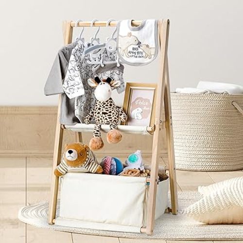 Wooden Baby Shower Crate Closet, Double-Layered Baby Basket for Nursery, Baby Storage Crate with Hangers, Newborn Baby Clothing Rack for Baby Shower Gifts, Pregnancy Gifts for New Mom Parents