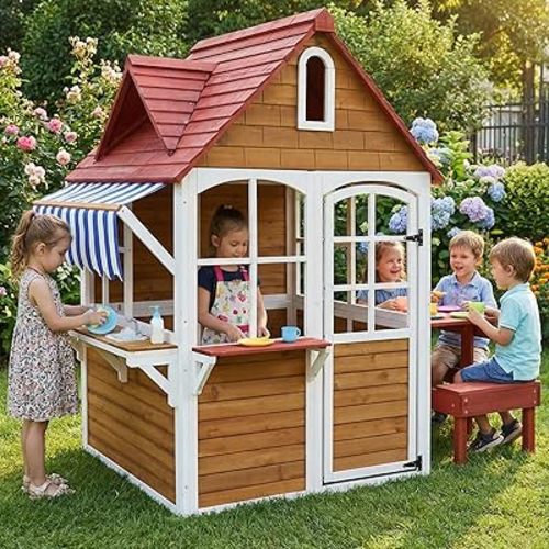 Large Solid Wood Outdoor Kids Playhouse with Sink & Table Set, Backyard Wooden Play House with Canopy, Detachable Bench & Flowerpot Holders, Open View Design for Easy Supervision