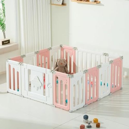 Bestgame Baby Play Pen, Foldable Play Pens for Babies and Toddlers, 14 Panels Extra Large Baby Playpen, UFO Portable Fence, Kids Gate Playpen Yard - Pink