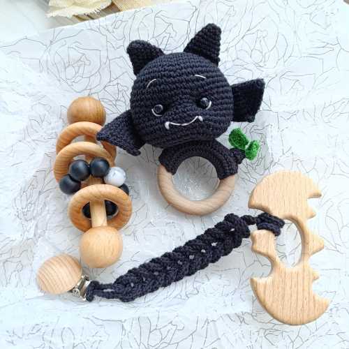 Bat Baby first halloween gift box Gothic baby horror toys Bat rattle Goth baby shower gift Pregnancy announcement box Bat baby nursery stuff