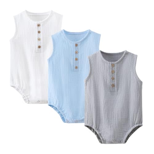 Baby Boy Romper 3 Pack Sleeveless Cotton Linen Tank Top Bodysuit | Breathable Cotton Muslin Romper,Tank Top Design,Snap Crotch,Neutral Newborn Summer Clothes,Infant One Piece Outfits,0-18M