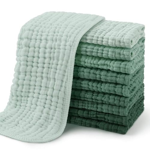 Yoofoss Muslin Burp Cloths for Baby 10 Pack 100% Organic Cotton Baby Washcloths for Boys Girls Large 20''X10'' Super Soft and Absorbent Gradient Green
