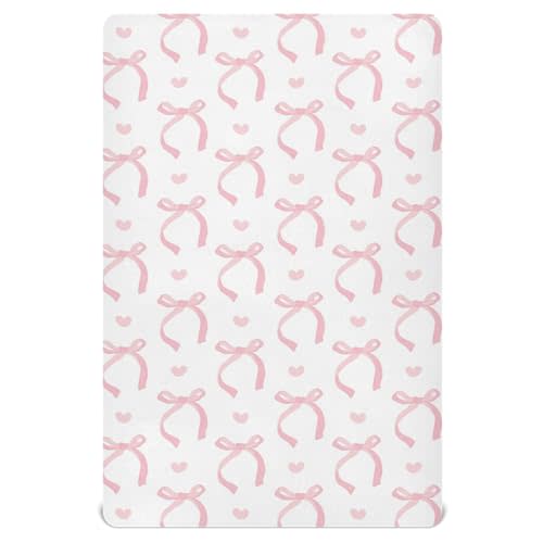 Pfrewn Crib Sheets for Boys Girls Aesthetic Pink Ribbon Bow Fitted Crib Sheet for Mini Crib Mattress Stretch Soft Toddler Baby Playard Sheet,39x27IN