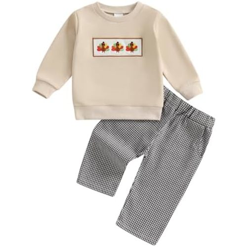 Karuedoo Toddler Baby Boy Thanksgiving Outfit Turkey Embroidery Long Sleeve Sweatshirt and Plaid Pants Set 2Pc Fall Clothes