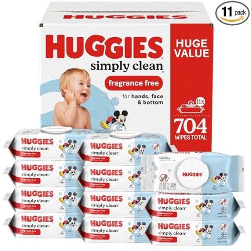 Huggies Simply Clean Unscented Baby Diaper Wipes, 11 Flip-Top Packs (704 Wipes Total), Packaging May Vary