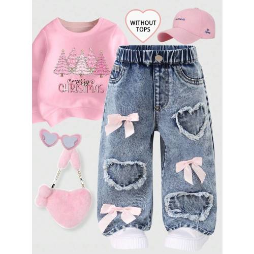 Playful Pals Baby Girls' Denim Jeans, Casual & Cute, Elegant & Luxurious, Bow & Heart Applique Decor, Straight Leg, Elastic Waist, Comfortable Cotton Denim, Suitable For Daily Wear, Home, Travel, Hot Selling Item, New Arrival For Autumn | SHEIN USA