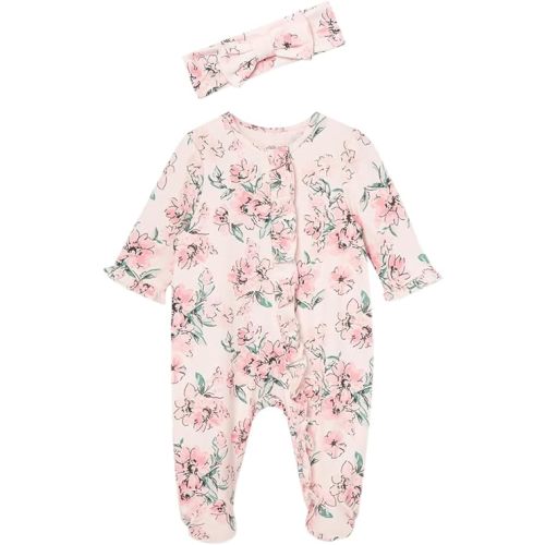 Little Me Clothes for Baby Girls 100% Cotton 2Pc Zipper Closure Footie and Headband Set, Baby Essentials, Preemie to 9 Months