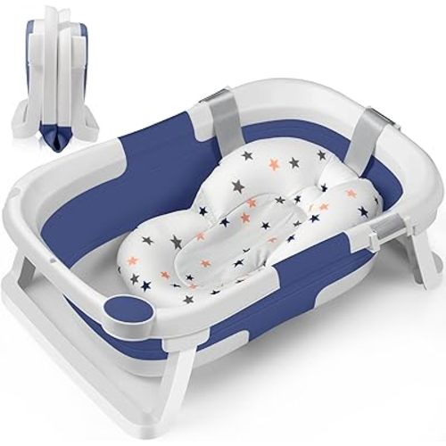 DEANIC Collapsible Baby Bathtub for Newborns & Infants (0–12 Months), Foldable Baby Bath Tub for Easy Storage, Soft Support Cushion for First Baths, Portable for Indoor & Travel Use (Blue)