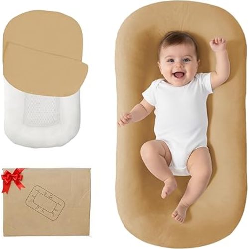 Lucakuins Baby Lounger, Bionic Design Baby Lounger for Newborn 0-24 Months, Soft Organic Cotton Breathable Lounger for Infants (Dark Khaki)