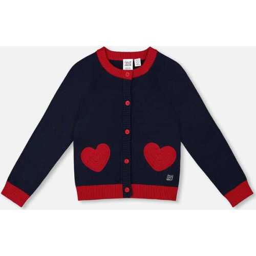 Knitted Cardigan Navy Blue with Red Embroidered Hearts, Navy Blue - Deux par Deux | Maisonette
