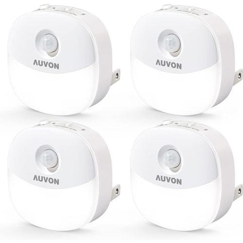 AUVON Plug in Night Light with Motion Sensor and Dusk to Dawn Sensor, Mini Warm White LED Nightlight with 1-50 lm Adjustable Brightness for Bathroom, Hallway, Stairs, Bedroom, Kitchen, 4 Packs | Warm White LED Nightlight with 1-50 Im Adjustable Brightness