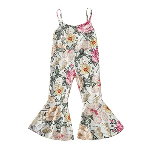 Emmababy Toddler Girl Bell Bottom Romper Baby Floral Suspender Pants Ribbed Jumpsuit Backless Flare Overalls Summer Playsuit
