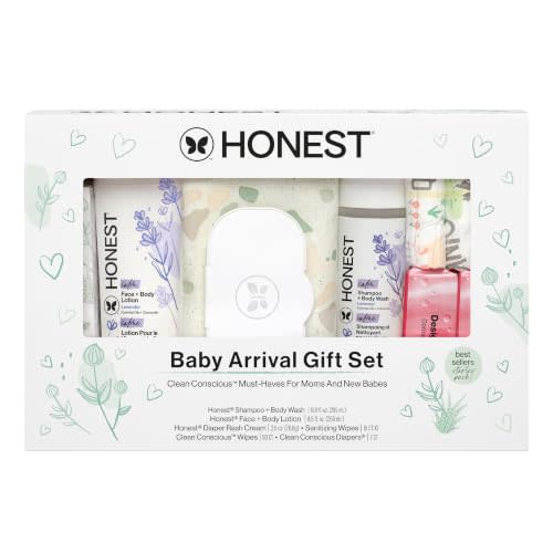 The Honest Company Baby Arrival Gift Set, Newborn Essentials, Welcome Box | Newborn Welcome Gift Set: Diapers, Wipes, Diaper Rash Cream & Personal Care Essentials For Baby And Mom.