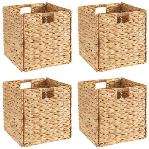 Ornavo Home 13 x 13 Inch Water Hyacinth Baskets Set of 4 – Handwoven Collapsible Wicker Storage Cube Bins with Handles for Bathroom, Bedroom, Laundry and Pantry - Natural