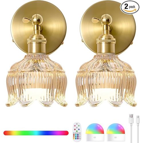 Vintage Battery Operated Wall Sconces - 5000mAh Rechargeable Dimmable Lights with Remote Control - Set of 2 Cognac Flower Glass Cordless Mounted Lighting - Wireless Powered Light Sconce for Bedroom