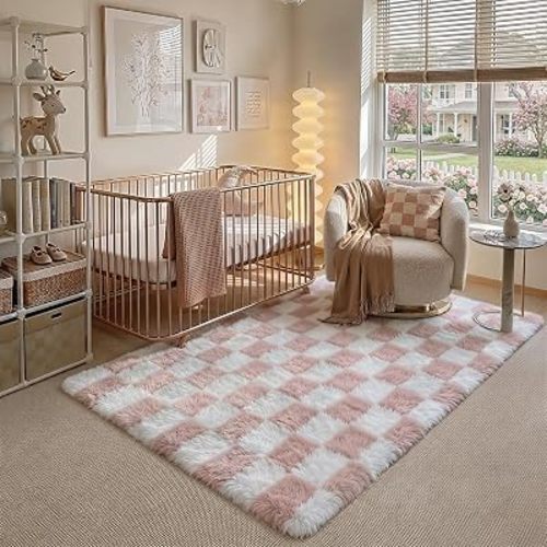 Pink Area Rug 3x5 for Kids Room Soft Fluffy Checkered Shag Carpet