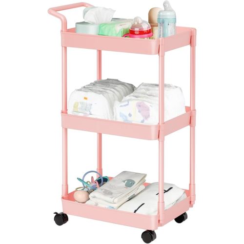 Volnamal Baby Diaper Caddy – Plastic Diaper Organizer for Nursery Essentials, Movable Cart for Changing Table & Crib, Easy to Assemble, Pink