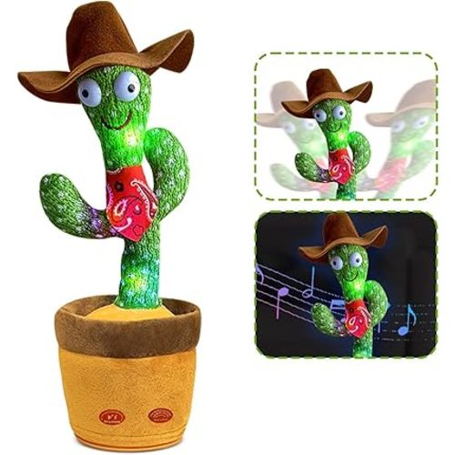 Dancing Cactus, Talking Cactus Toy, Repeats What You Say Electronic Dancing Toy with Lighting Recording Mimicking CactusToy, Electronic Plush Singing Baby Toy for Kids (Cowboy)