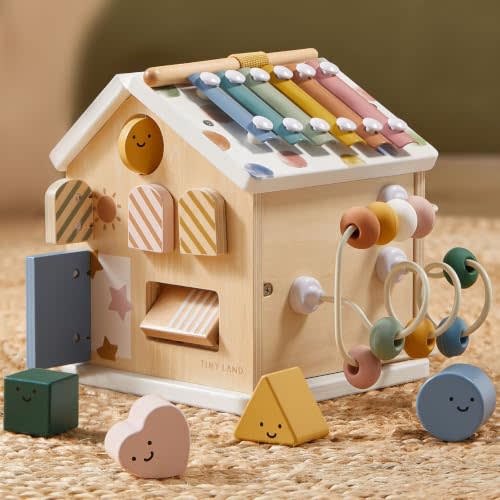 Tiny Land 9-in-1 Wooden Activity Cube, Educational Toy for Toddlers | Montessori Toddler Activity Center for 1 Year Old, Ideal Gift for Boys and Girls, Morandi