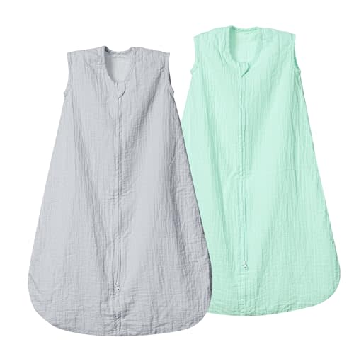 david's kids Muslin Cotton Baby Sleep Sack 0-6 Months, 2 Pack 100% Cotton Sleeping Bag for Summer, TOG 0.5 Baby Wearable Blankets with 2-Way Zipper, Soft Sleep Sacks for Newborn Infant, Grey & Green