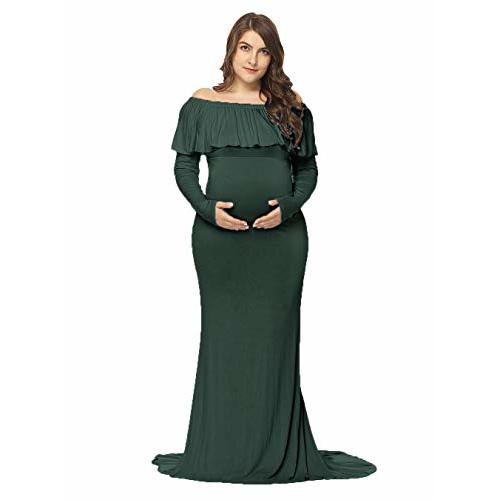 Maternity Fitted Elegant Gown Long Sleeve Off Shoulder Ruffles Maxi Photography Dress for Photoshoot
