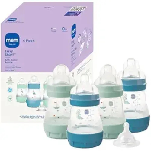 MAM 5oz Easy Start Anti-Colic+ Wide Neck Vented Baby Bottle, Slow Flow Breastfeeding-Like Nipple, Reduces Colic Gas & Reflux, Easy Clean, BPA Free, 0+ Months, Bonus Medium Flow Nipple, Blue/Mint