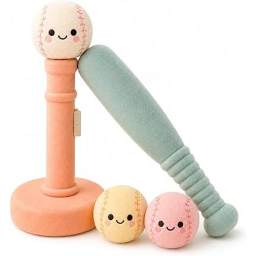 Juju Soft Foam Bat and Ball Set – Cushioned Tee Stand with Smiling Face Balls in Pastel Colors – Lightweight Indoor and Backyard Sports Set – Cozy Fabric Design for Family Rooms and Active Days