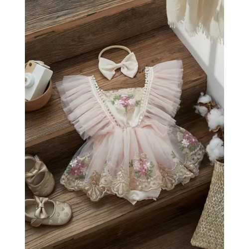 Floral Embroidered Tulle Baby Romper: Princess Outfit with Headband (0-3M) and (3-6M)