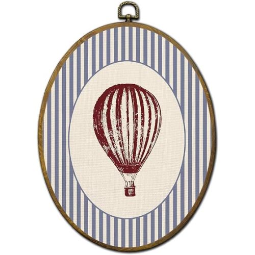 QZQE Vintage Hot Air Balloon Nursery Oval Wall Art Decor Framed, Kids Room Oval Canvas Prints, Blue Striped Hot Air Balloon Wall Hanging Decor for Kids Nursery Room Bedroom Playroom, 8.6x11.4 Inch