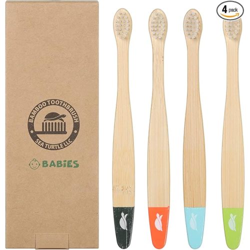 Sea Turtle Plant-Based Bristles, Ultra-Soft Bamboo Toothbrushes, Natural Toothbrush for Babies (4 Pack)