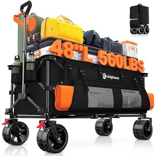 48" L Collapsible Wagon Cart Foldable, 560LB Weight Capacity 300L Heavy Duty Folding Beach Wagons with Big All-Terrain Wheels, Utility Carts for Groceries, Shopping, Camping, Sports - Black