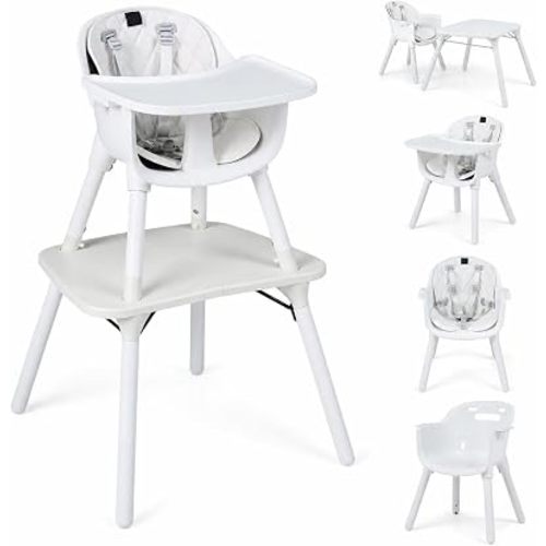 HONEY JOY 6-in-1 High Chair, Convertible Highchair for Babies and Toddlers/Kids Chair Table Set/Infant Feeding Chair w/Safety Harness, PU Leather Cushion & Removable Food Tray (White)