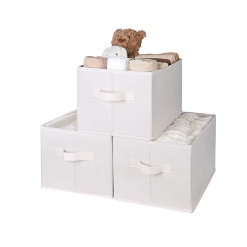 WUIKE Storage Baskets for Shelves, Fabric Storage Bins with Handles, Foldable Shelf Basket for Closet Organizers and Storage, Closet Storage Bins for Organizing, Beige, Large, 3-Pack