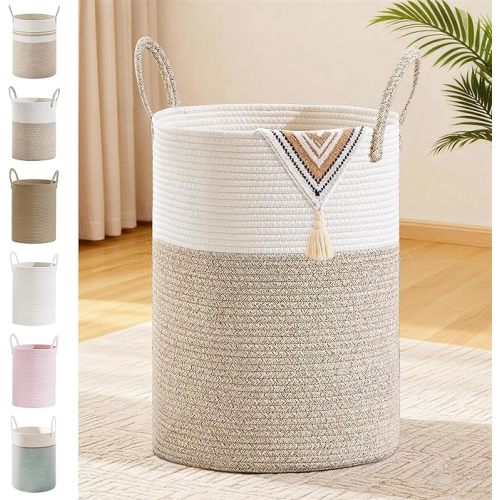 72L Large Tall Cotton Rope Laundry Basket with Handles, Brown