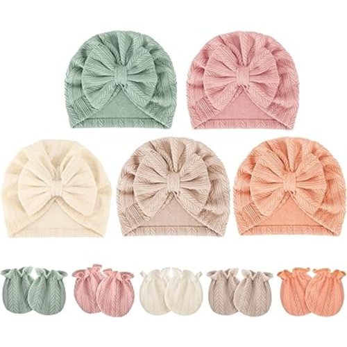 BQUBO Baby Turban Hats and Mittens Set Newborn Infant Hospital Hats Caps with Bows for Baby Boys Girls 0-12 Months
