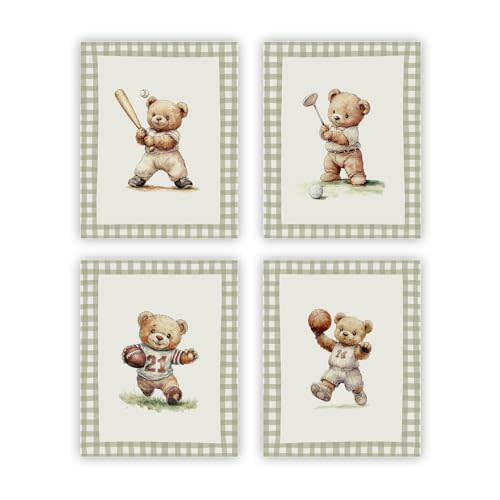 heilkee Teddy Bear Nursery Decor Vintage Sports Wall Art for Boys Bedroom Toddler Boy Gifts Golf Football Baseball Basketball Set of 4(UNFRAMED 8x10in)