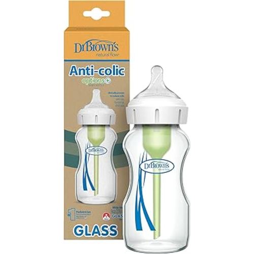 Dr. Brown's Natural Flow Anti-Colic Options+ Wide-Neck Glass Baby Bottle 9 oz/270 mL,with Level 1 Slow Flow Nipple,1 Pack,0m+