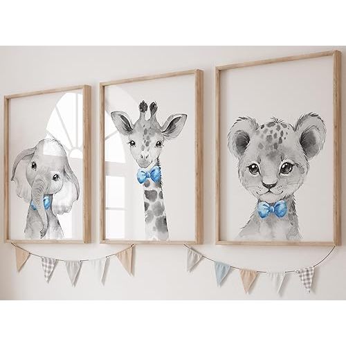 Safari Animals Baby Boys Nursery Set of 3 Unframed Wall Art Prints, Gray Baby Animal Posters with Blue Bow Tie, Elephant Giraffe Lion, Child Bedroom Nursery Decor Posters (8x10)