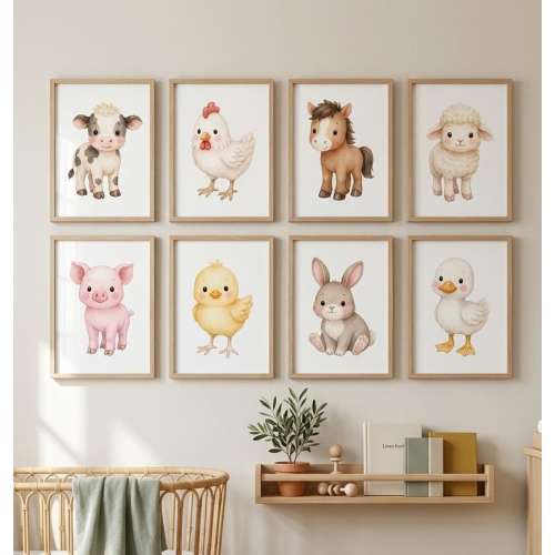 Farm Animal Nursery Prints, Neutral Baby Room Decor, Woodland Farm Posters (Digital Download)